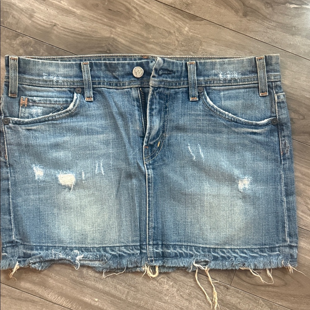 7 For All Mankind Blue Denim Mini Skirt with Graphic Pockets - Picture 4 of 5